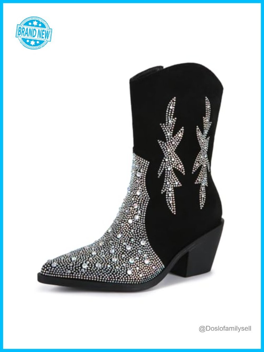 Rhinestone Western Ankle Boots Faux Suede Pointed Toe Chunky Heel
